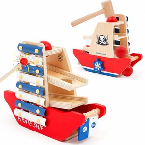 BeebeeRun Lernspielzeug 3 in 1 Holzspielzeug Musikspielzeug für Kinder ab 2 Jahren, Hammerspiel, Xylophone, Klopfen, Weihnachtsgeschenk