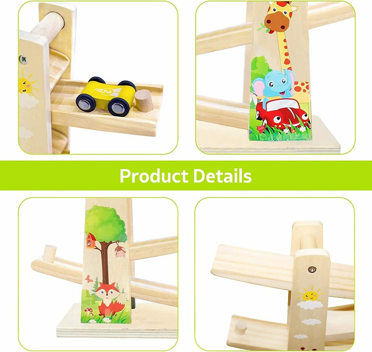 Bild 4 von BeebeeRun Lernspielzeug Kugelbahn Holz (Premium Holzspielzeug mit 4 Autos, Autorennbahn Holz Spielzeug für Jungen Geschenke Geburtstagsgeschenke), Rennbahn Lernspielzeug Geschenk für Kinder ü