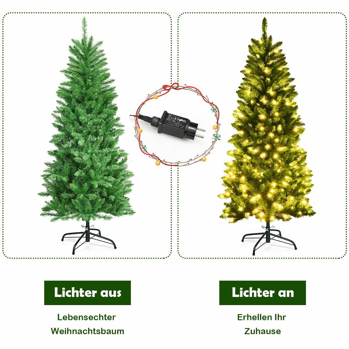 COSTWAY Künstlicher Weihnachtsbaum, mit 300 PVC Nadeln, 150 warmweißen 