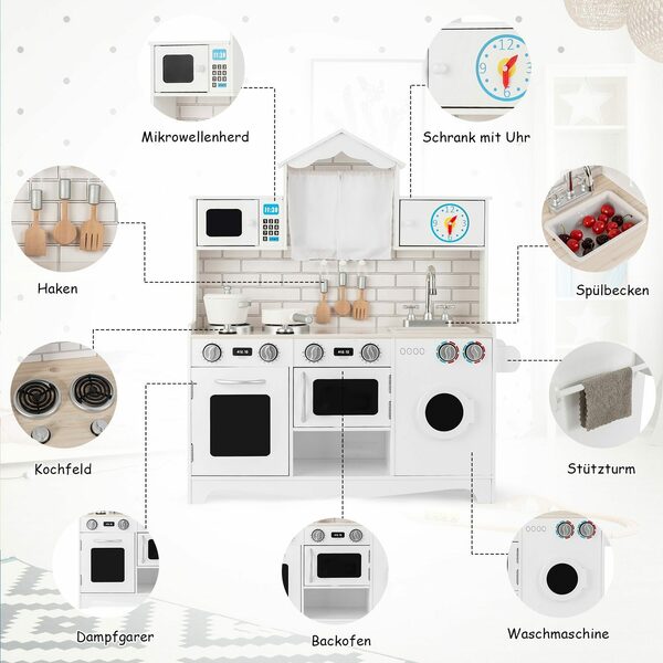 COSTWAY Spielküche Kinderküche aus Holz mit Zubehör Waschmaschine