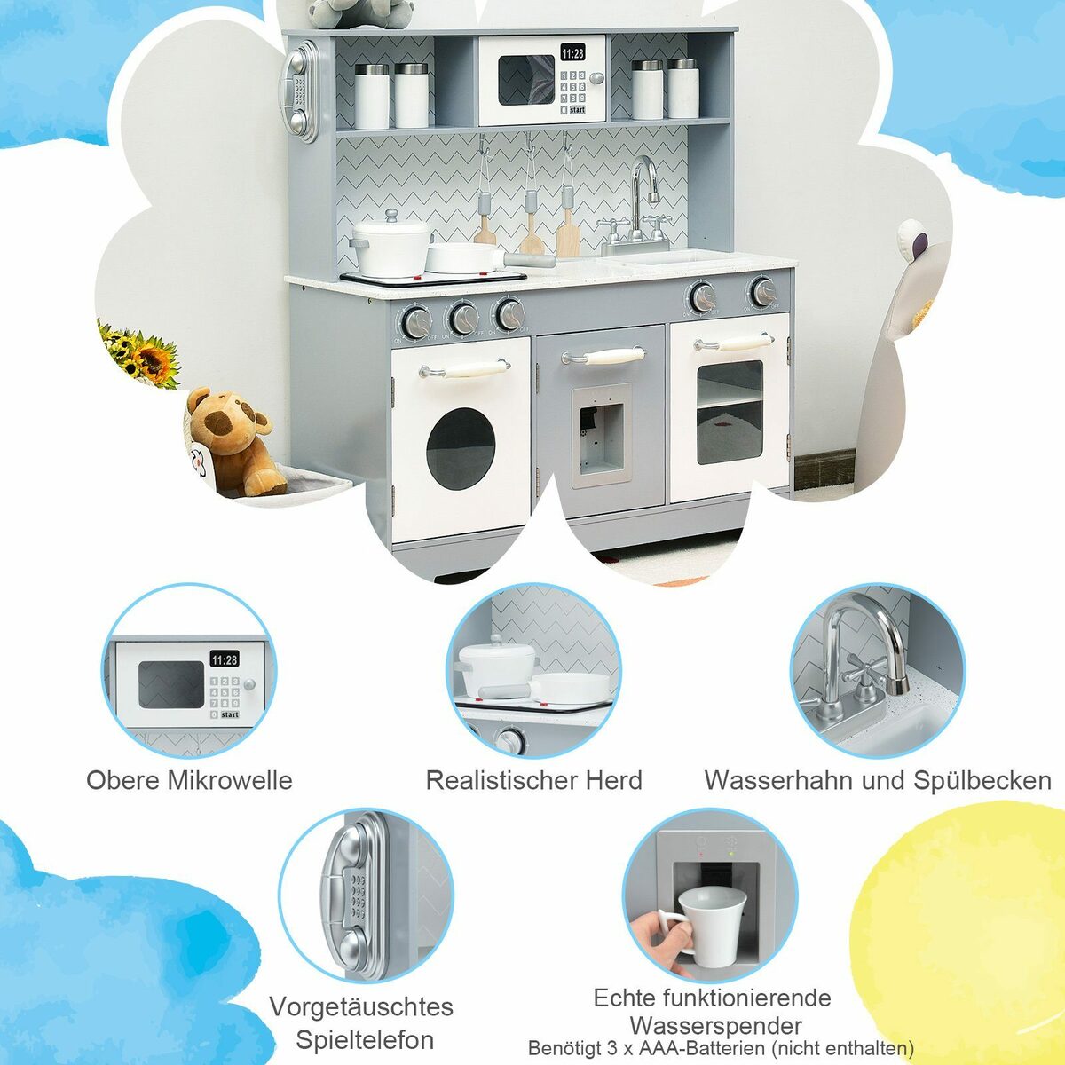 Bild 3 von COSTWAY Spielküche Kinderküche, aus Holz, mit Licht & Zubehör