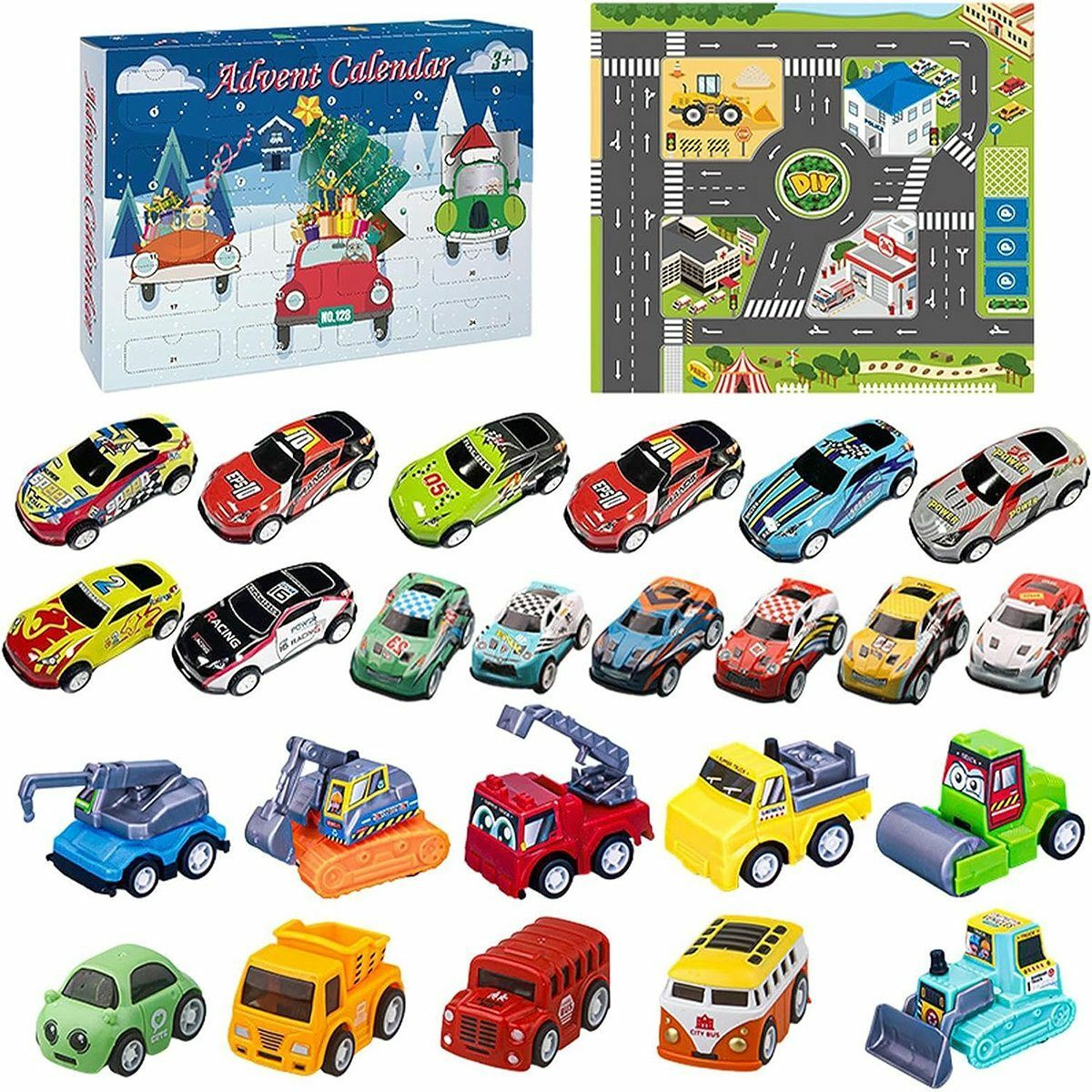 Bild 1 von flowgoer Adventskalender Weihnachts-Adventskalender 2023, mit Spielkarte, Geburtstag (1-tlg), 24-teiliges Auto-Spielzeug-Set, Weihnachtsgeschenke, Spielzeug