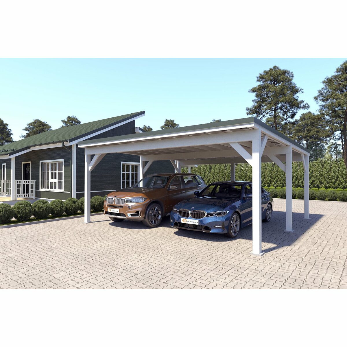 Bild 1 von Holzbrüder Doppelcarport Ralf Reinweiß 600 cm x 600 cm Blechdach Dornengrün