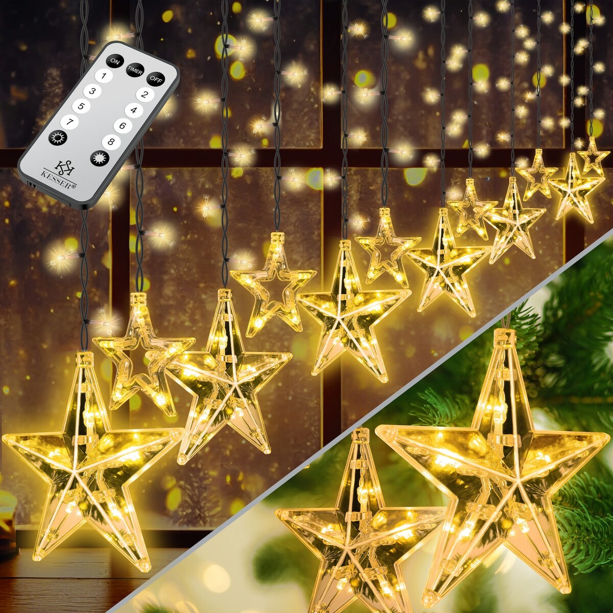 KESSER® Lichtervorhang 12 Sterne LED Lichterkette mit Fernbedienung