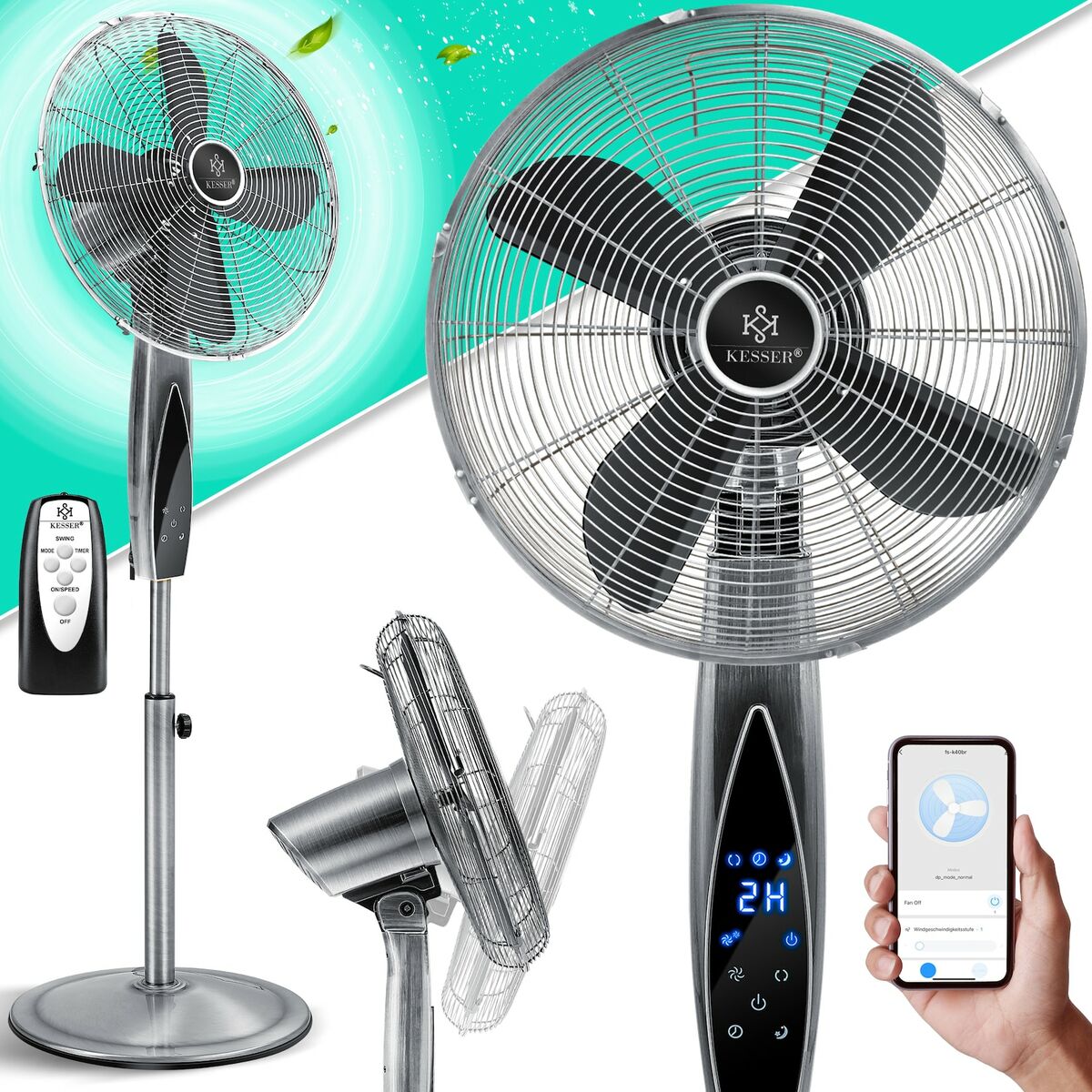 Bild 1 von KESSER® Standventilator Metall mit Fernbedienung APP Funktion Wifi Timer Standlüfter - Oszillationsfunktion 80 Grad 55W – 3 Geschwindigkeitsstufen höhenverstellbarer Ventilator Standfuß