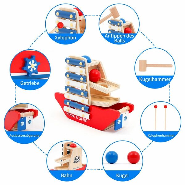 Bild 3 von BeebeeRun Lernspielzeug 3 in 1 Holzspielzeug Musikspielzeug für Kinder ab 2 Jahren, Hammerspiel, Xylophone, Klopfen, Weihnachtsgeschenk