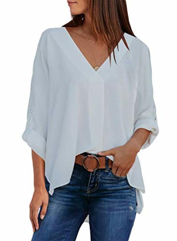 Bild 1 von Alleen Damen Chiffon Bluse Lose Einfarbige Oberteile V Aussc