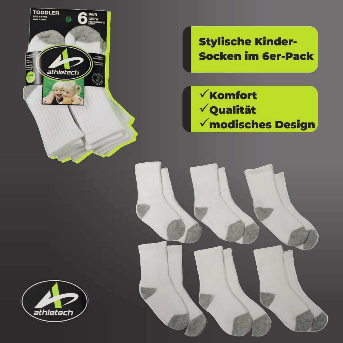 Bild 4 von Athletech 6 Paar Sportsocken für Kinder 2-3 Jahre bis Gr. 28 hoher Bund grau weiß