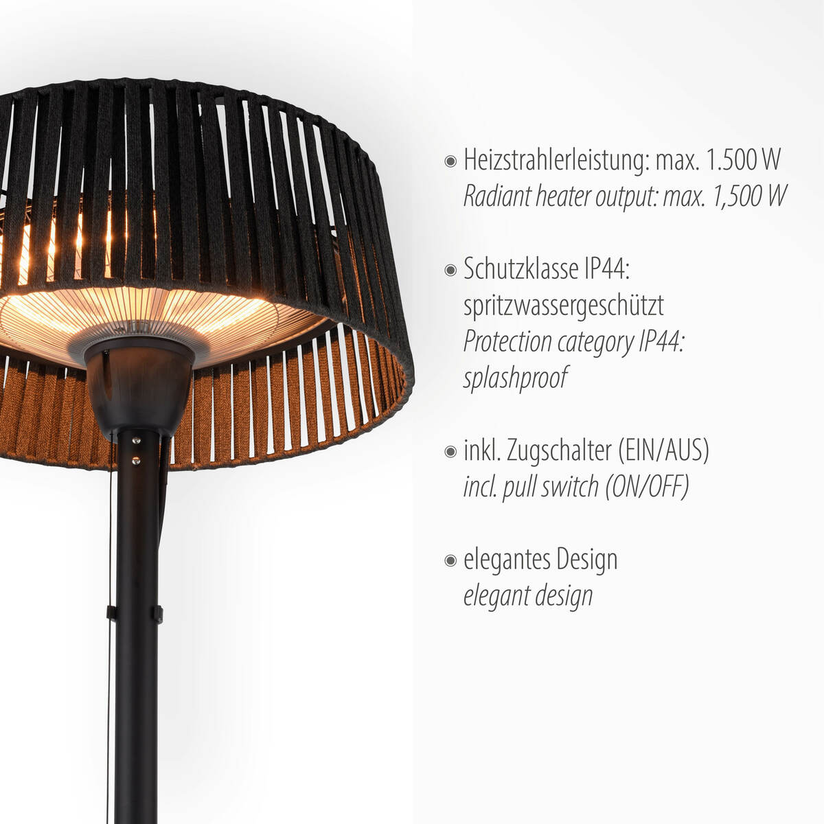 Bild 3 von LeuchtenDirekt Standheizstrahler GLOW, 1500W, mit Zugschalter und Kippschutzschalter, IP44