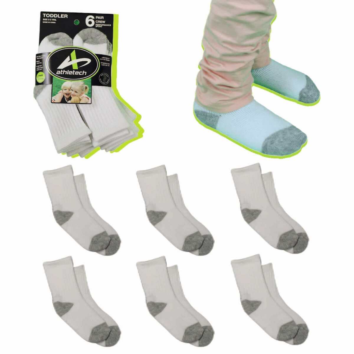 Bild 2 von Athletech 6 Paar Sportsocken für Kinder 2-3 Jahre bis Gr. 28 hoher Bund grau weiß