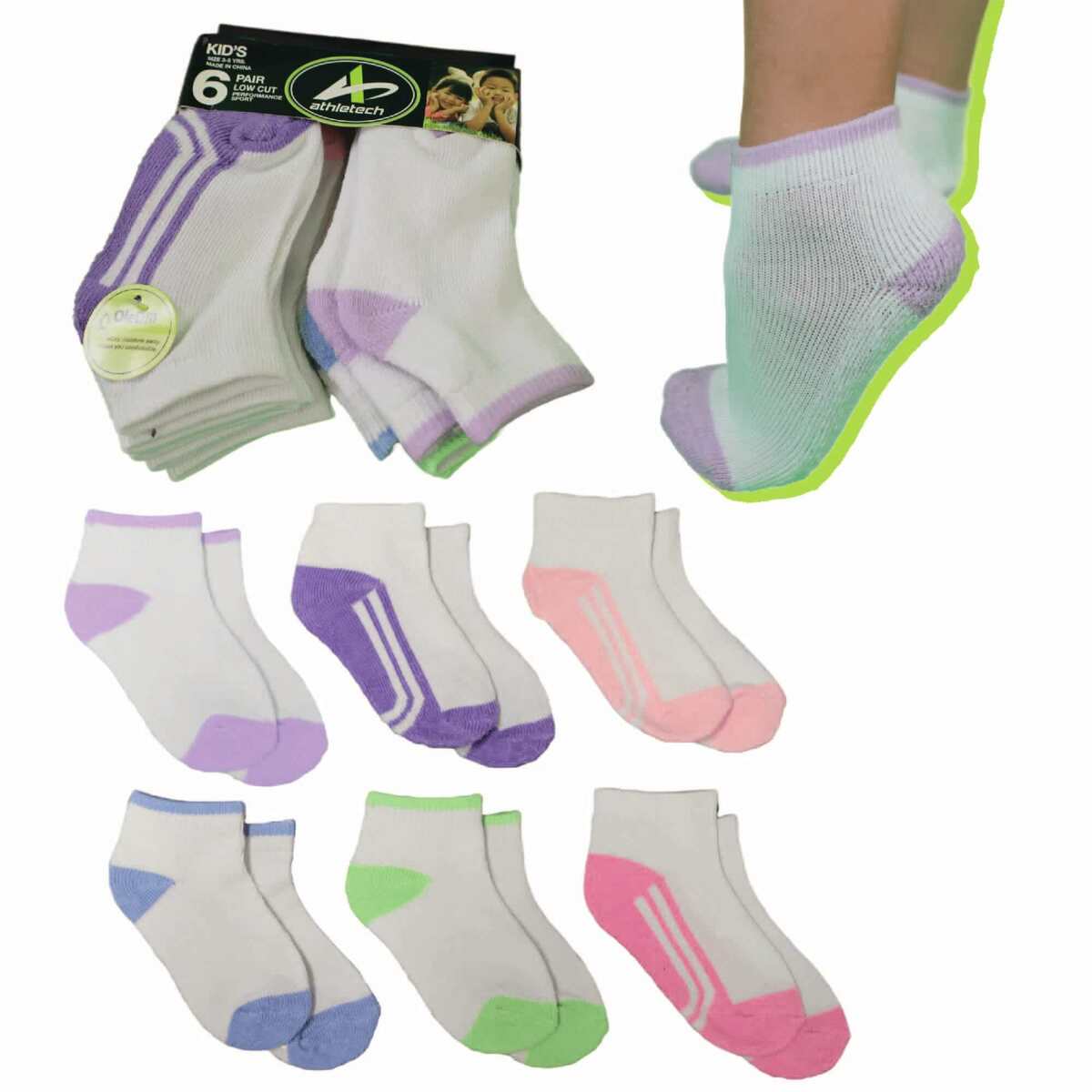 Bild 1 von Athletech 6 Paar Low-Cut-Sportsocken für Kinder 3-5 Jahre bis Gr. 34 Pastellfarben