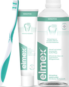 elmex Sensitive Zahnbürste weich + Sensitive Zahnpasta + Zahnspülung sensitive