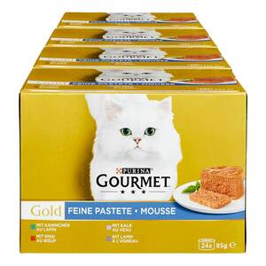PURINA Katzennassfutter Gourmet Gold Feine Pastete mit Rind, Kaninchen, Lamm und Kalb 24 x 85 g, 4er Pack