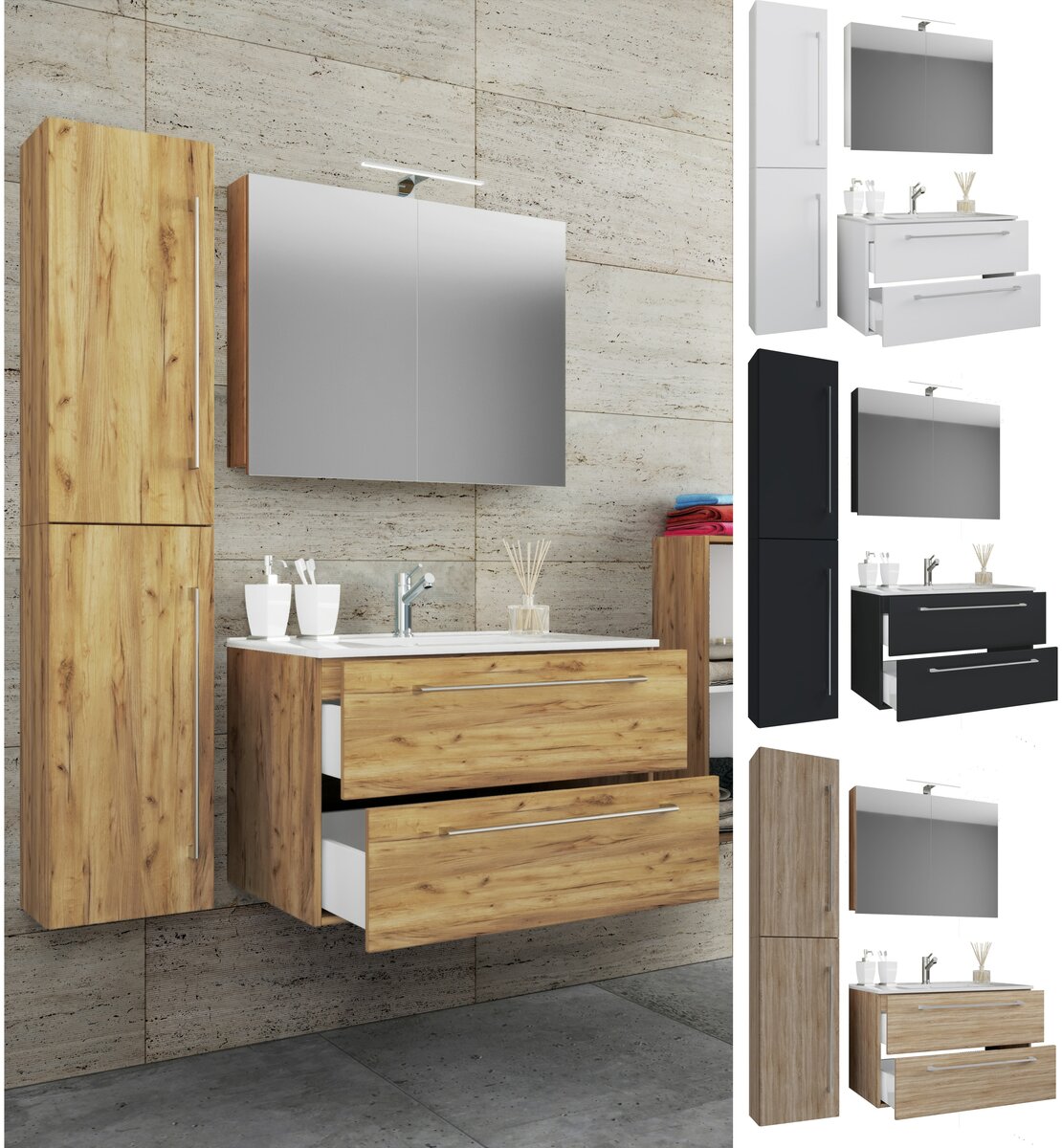 Bild 1 von VCM 4-tlg. Waschplatz Waschtisch Badmöbel Set Waschbecken Badinos Schublade SC