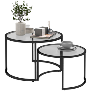 HOMCOM Couchtisch 2er-Set, Beistelltisch mit Schwarz Stahlgestell, Sofatisch, Kaffeetisch mit Tischplatte aus Hartglas, teilweise stapelbar, für Wohnzimmer, Schlafzimmer