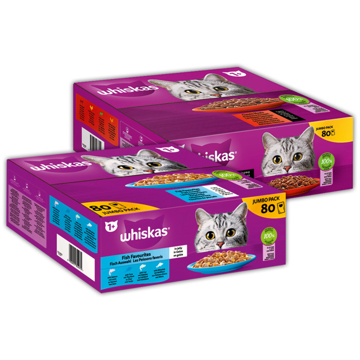 Bild 1 von WHISKAS Portionsbeutel Multipack Jumbo Pack 1+ Fisch Auswahl in Gelee mit Lachs, mit Thunfisch, mit