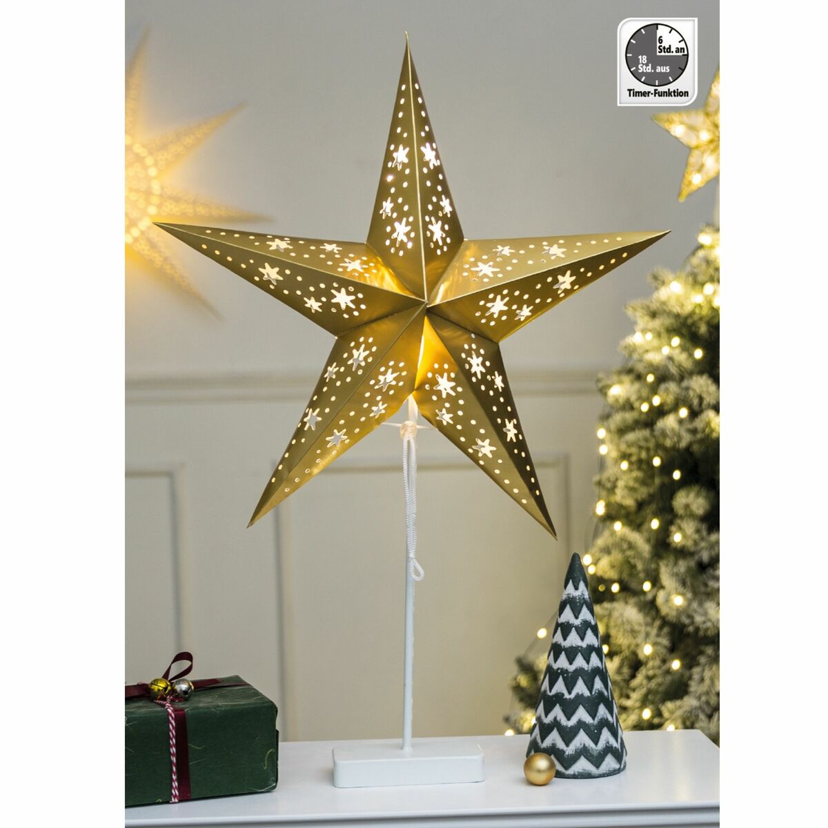 Bild 1 von LED Papierstern auf Ständer 45 x 66 cm gold batteriebetrieben