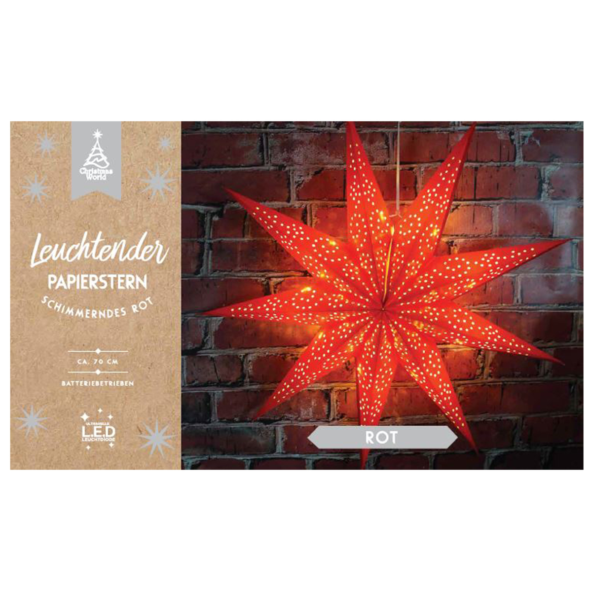 Bild 1 von Leuchtender Papierstern batteriebetrieben 70 cm Farbe: rot