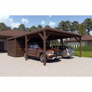 Holzbrüder Doppelcarport Ralf mit Geräteraum Graubraun 600 x 868 cm Dunkelbraun