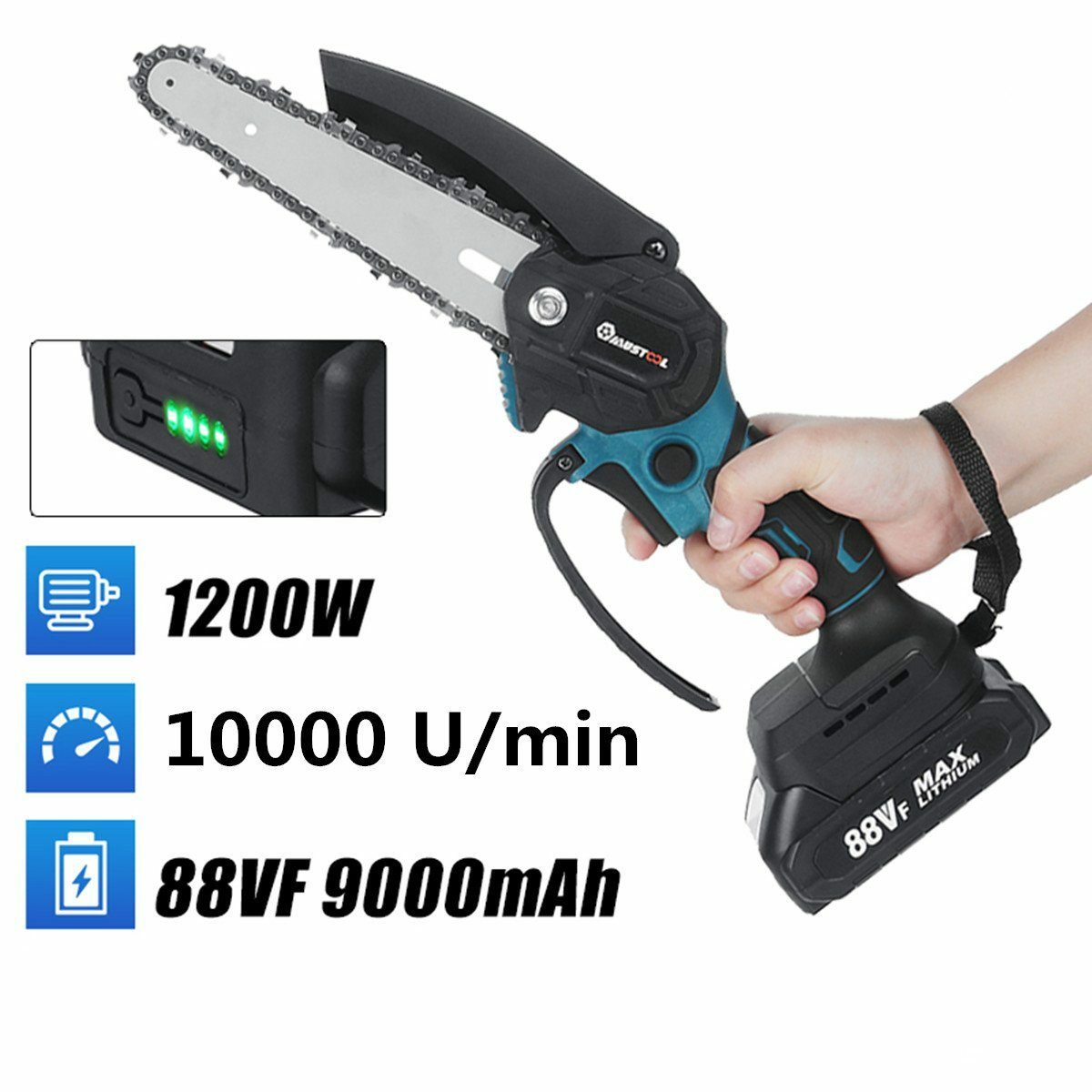 Bild 2 von Insma Akku-Bandsäge, 1200W Schnurloses Mini-Kettensägen-Kit, 6 Zoll Einhand-Elektrosäge 10000 U/min mit 2 Akku 9000mAh 6m/s