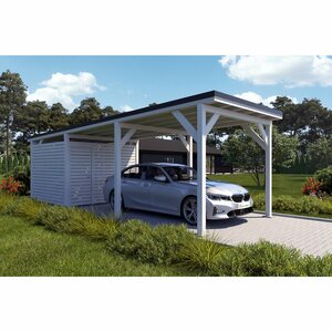 Holzbrüder Carport Ralf mit Geräteraum Reinweiß 300 x 868 cm Schwarz