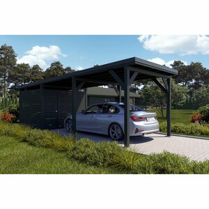 Holzbrüder Carport Ralf mit Geräteraum Chromoxidgrün 300 x 868 cm Dornengrün