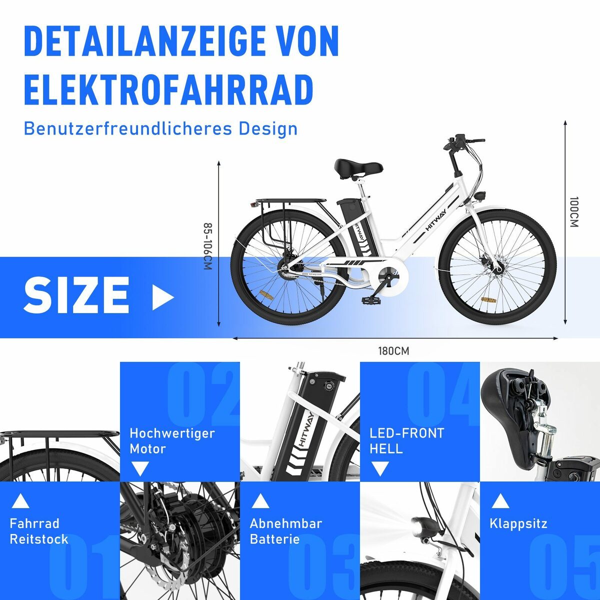 Bild 2 von HITWAY E-Bike, 250W E-fahrräde 36V8.4AH Abnehmbarer Akku Hollandräder