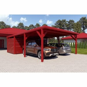 Holzbrüder Doppelcarport Ralf mit Geräteraum Oxidrot 600 x 868 cm Blechdach Rot