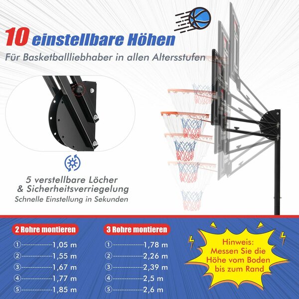 Bild 2 von COSTWAY Basketballständer Basketballkorb, 228-265cm höhenverstellbar, Rädern
