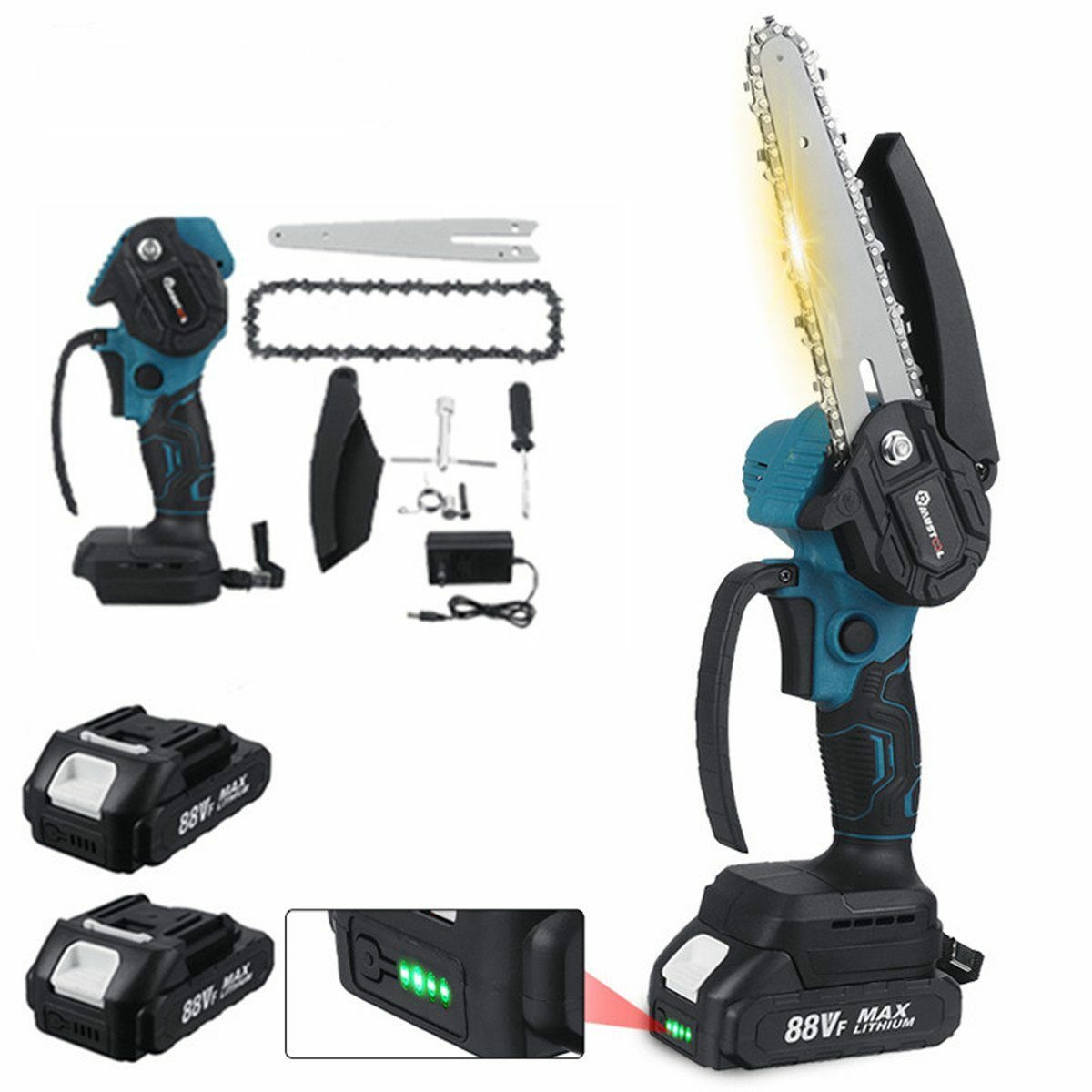 Bild 1 von Insma Akku-Bandsäge, 1200W Schnurloses Mini-Kettensägen-Kit, 6 Zoll Einhand-Elektrosäge 10000 U/min mit 2 Akku 9000mAh 6m/s