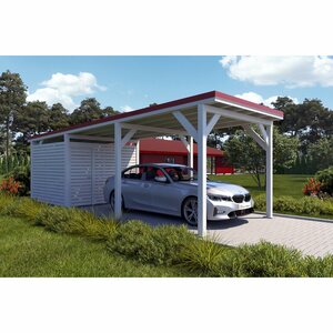 Holzbrüder Carport Ralf mit Geräteraum Reinweiß 300 x 868 cm Rot