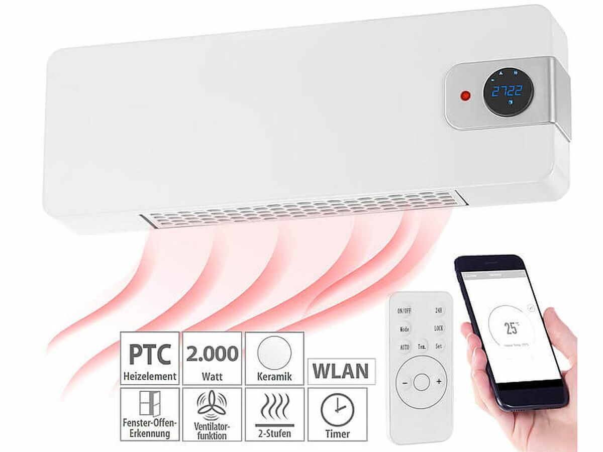 Bild 1 von Sichler WLAN Keramik Heizlüfter WLAN-Wandheizlüfter, LED-Display, 2.000 W, App, Google & Alexa