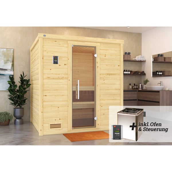 Bild 1 von Weka Premium-Massivholzsauna 'Bergen 1.8' mit 7,5 kW BioS-Ofenset, Steuerung, Glastür 188 x 171 x 205 cm