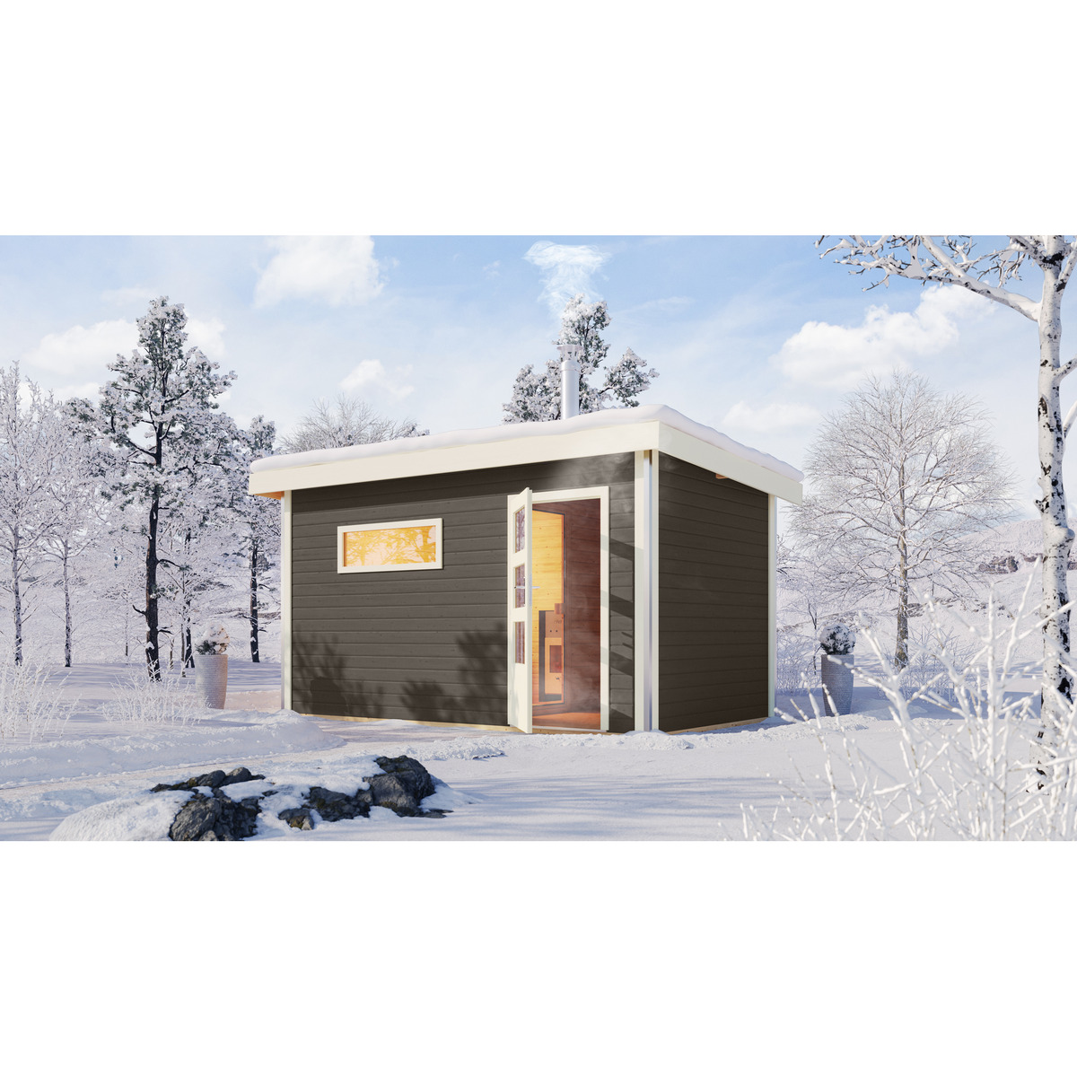 Bild 1 von Karibu Saunahaus 'Veeti ' terragrau Holzverbrennungsofen 396 x 231 x 227 cm