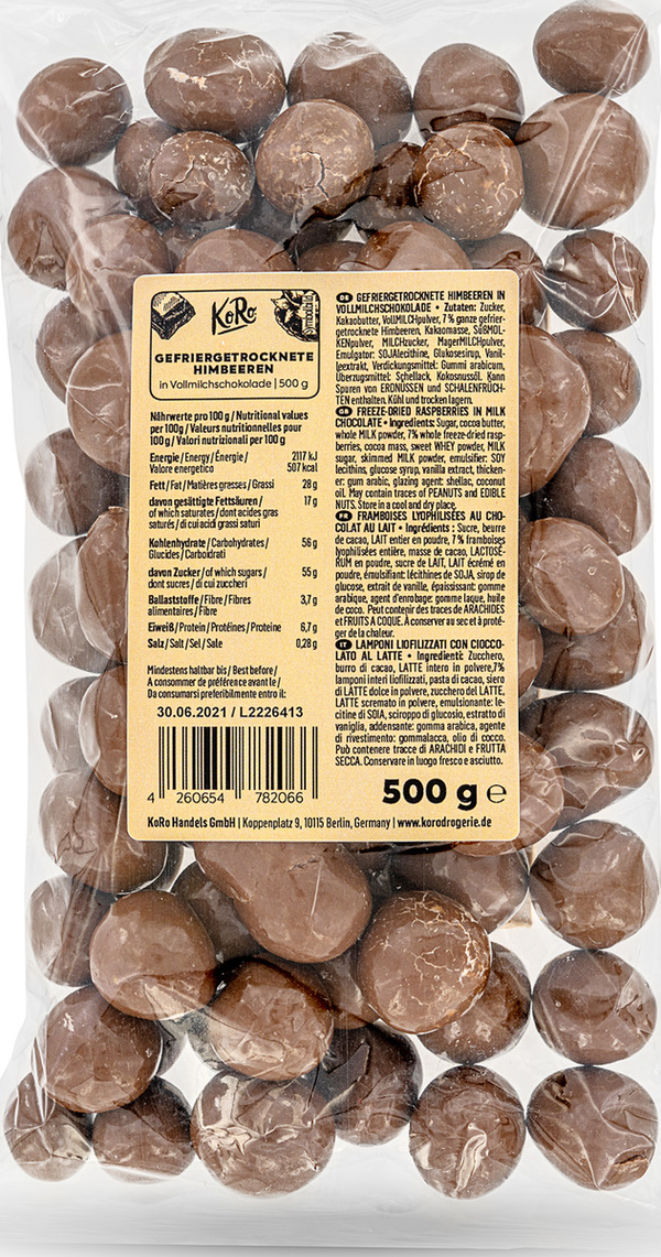 Bild 1 von KoRo Gefriergetrocknete Skinny Dipped Himbeeren in Vollmilchschokolade