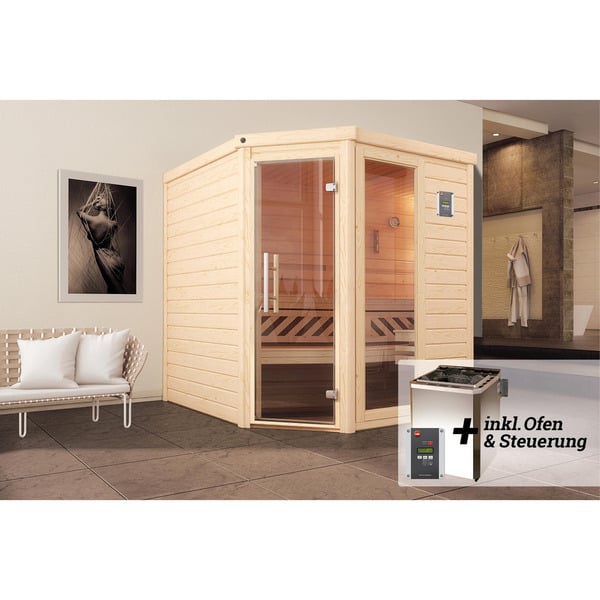 Bild 1 von Weka Premium-Massivholz-Sauna 'Turku 2 Eck' mit 7,5 kW BioS-Ofenset, Steuerung, Glastür, Fenster 188 x 188 x 205 cm