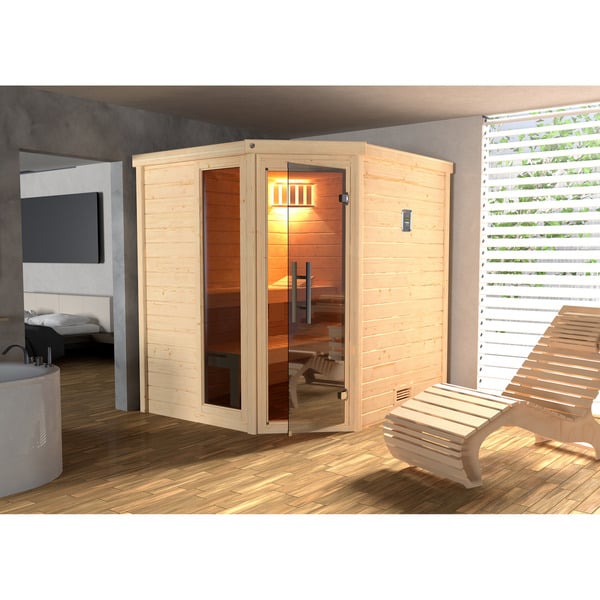 Bild 1 von Weka Premium-Massivholzsauna 'Turku 1' 195 x 178 x 205 cm mit Glastür, Fenster, Leuchtenset und 7,5 kW OS-Ofenset