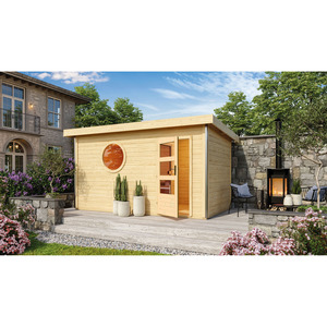 Karibu Saunahaus 'Veeti ' naturbelassen 9 kW Bio-Ofen externe Steuerung, Kabel, Leuchte 396 x 231 x 227 cm