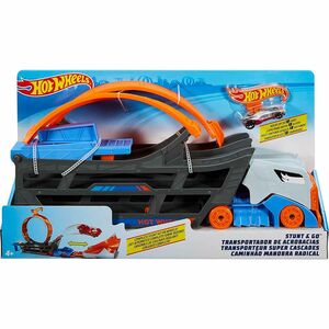 Mattel GCK38 - Hot Wheels - Stunt N Go Transporter und Trackset (1 zufälliges Fahrzeug enthalten)