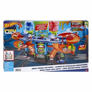 Mattel HDP05 - Hot Wheels - City - Color Shifters - Mega Tower Auto-Waschanlage, inkl. Fahrzeug  mit Farbwechsel-Effekt