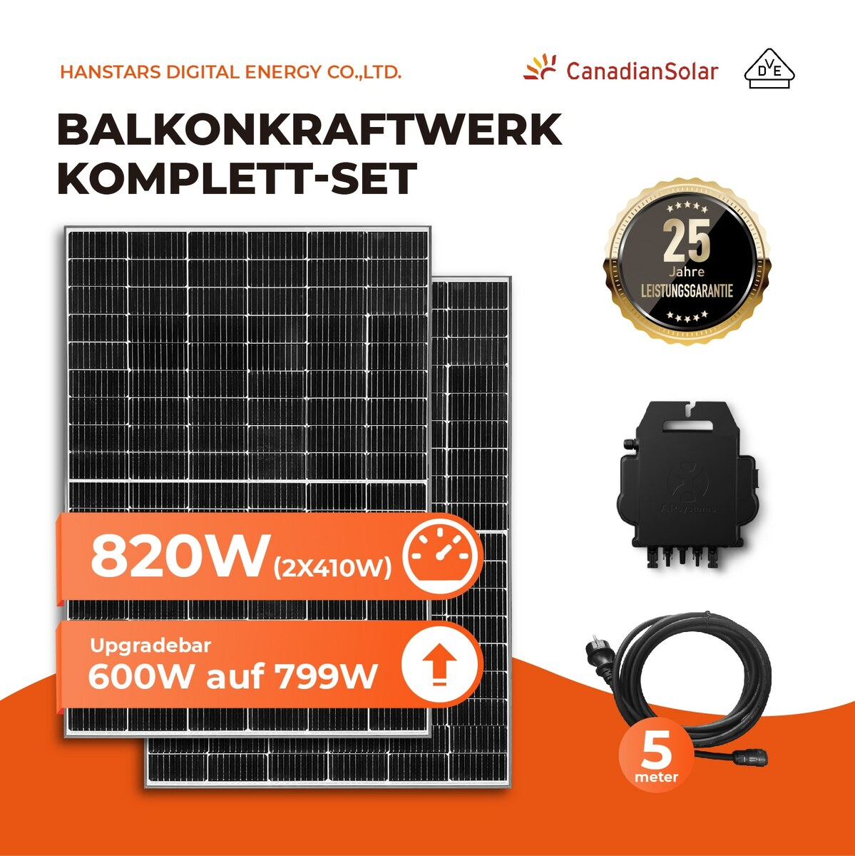 Bild 1 von Balkonkraftwerk, 2x 410W Canadian Solar-Photovoltaikmodul, 600/799W Ausgang Upgradebar, AC-Kabel, APP
