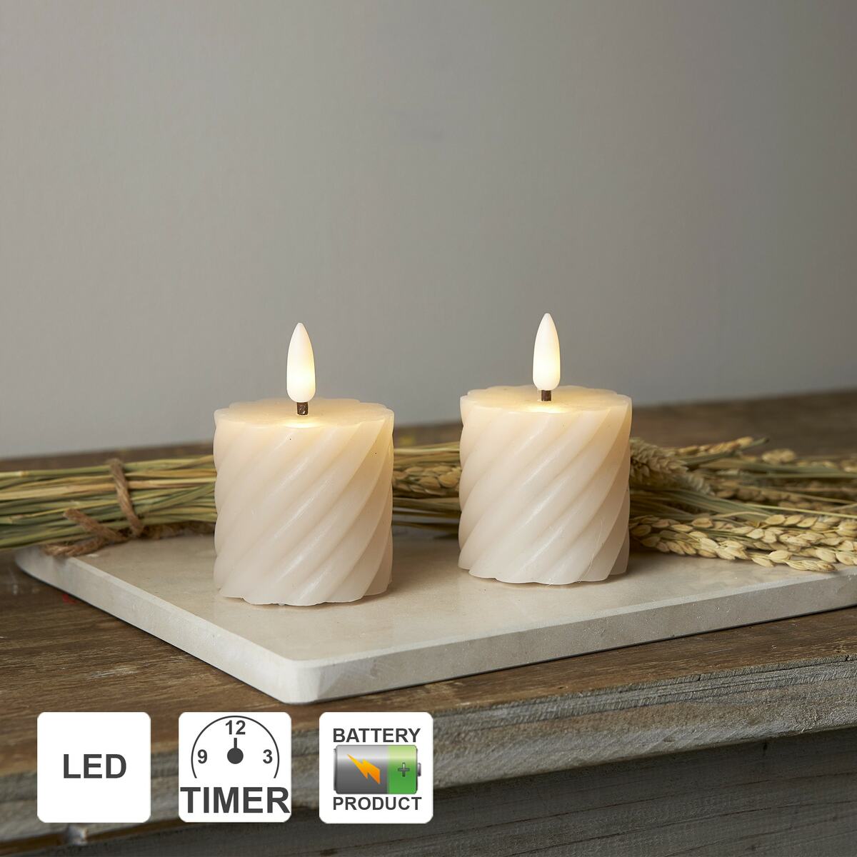 Bild 1 von Star Trading LED Kerzen mit Timerfunktion   Stumpenkerzen Beige   LED Kerze mit Timer   Stumpenkerzen Set 4er   LED Stumpenkerzen mit Timer   Gedrehte Kerzen   Deko Kerzen Beige   LED Kerze flackernd