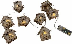 Lichterkette Weihnachtsdeko, 8-flammig, Häuschen mit Rentier Motiv, aus Holz, indoor, Länge 80 cm, im 2er-Set
