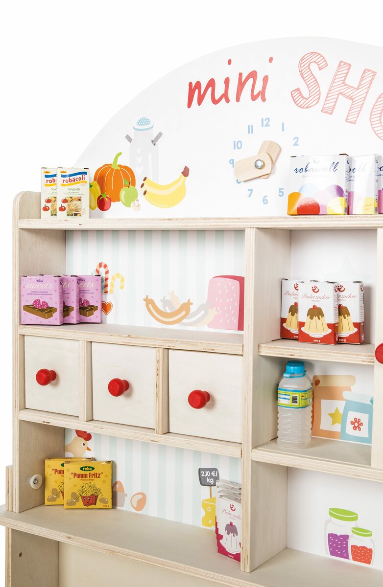 Bild 2 von roba® Kaufladen "Minishop" – Holz natur, mit Theke, Tafel, Schiebetür & Markststand Bedruckung