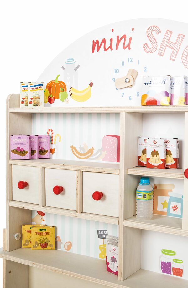Bild 2 von roba® Kaufladen "Minishop" – Holz natur, mit Theke, Tafel, Schiebetür & Markststand Bedruckung