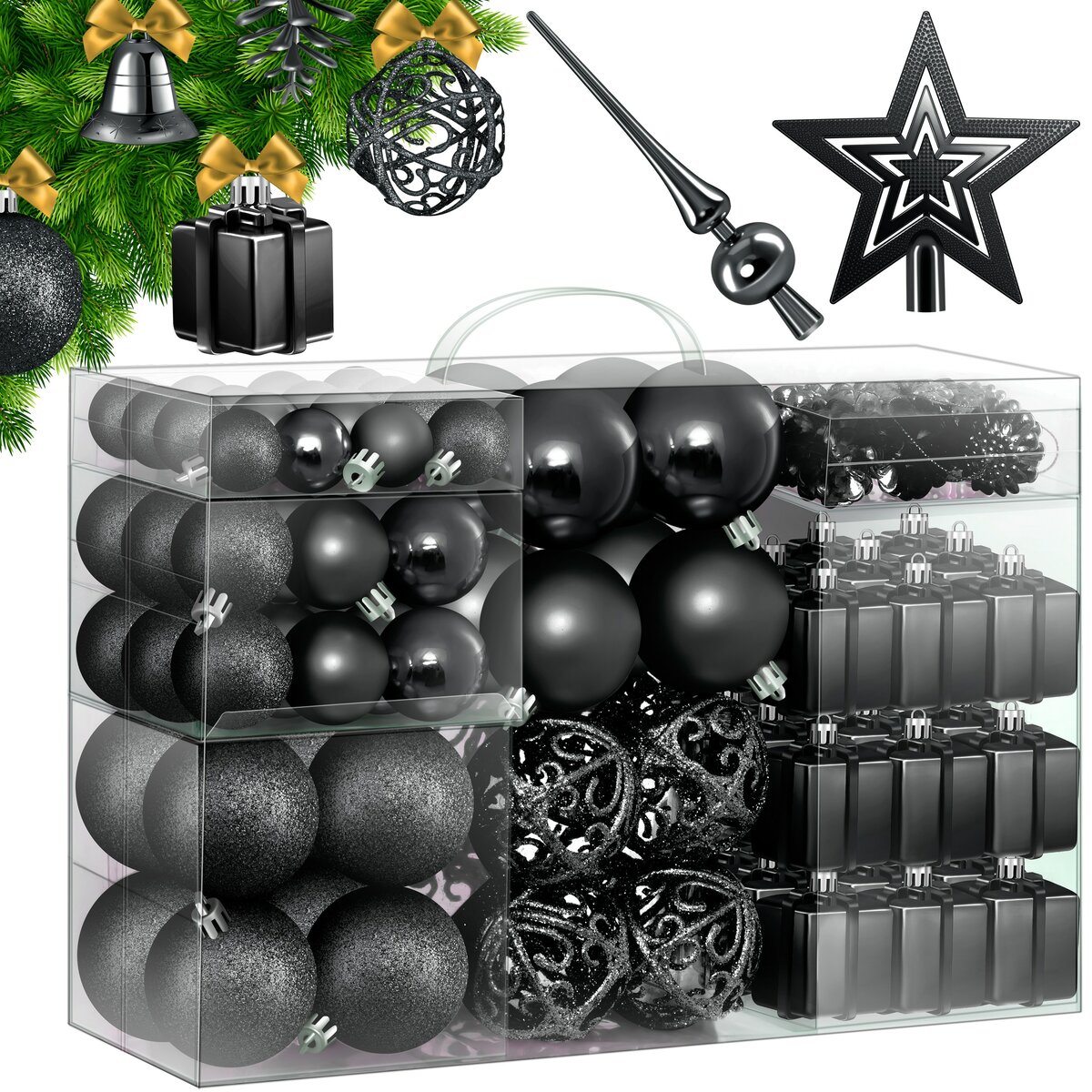 Bild 1 von KESSER® Weihnachtskugeln 102-teiliges Set mit Baumspitze Christbaumkugeln Kunststoff Bruchsicher mit Plastik Weihnachtsbaumkugeln Box Weihnachtsbaum Weihnachtsdeko Deko & Christbaumschmuck