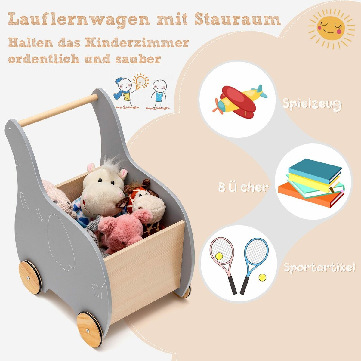 Bild 2 von COSTWAY Lauflernwagen 2 in 1 Spielzeugkiste, aus Holz, mit 4 Rädern