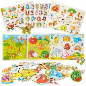 BeebeeRun Lernspielzeug Dino, Fahrzeug, Bauernhof, Zoo, Meer, Obst Holzpuzzle (6er Set), Puzzlespiel, Steckpuzzle, Holzspielzeug für Kinder ab 1 Jahr