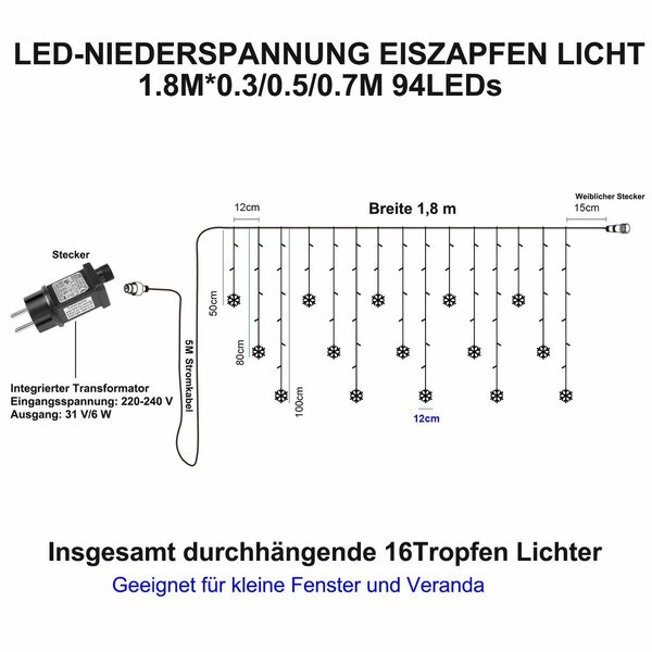 Bild 2 von Rosnek LED-Lichterkette 31V, Schneeflocke, Speicherfunktion, für Fenster Veranda Weihnachten, 94-flammig, wasserdicht, 8 Modi, Timer, für Hochzeit Urlaub Garten Party Deko