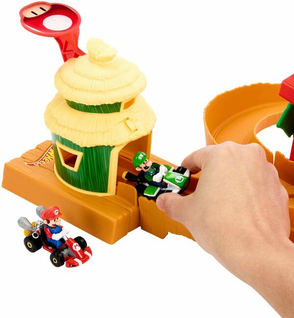 Bild 3 von Hot Wheels Autorennbahn Super Mario Bros. Dschungel-Königreich Rennstrecke, mit Mario Die-Cast-Spielzeugauto